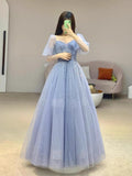 Niulatu Ball Gown Strapless Blue Tulle Long Prom Dresses With Beads Party Dress HZ1110