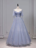 Niulatu Ball Gown Strapless Blue Tulle Long Prom Dresses With Beads Party Dress HZ1110