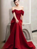 Niulatu A line Off The Shoulder Red Satin Party Dress Prom Dresses Evening Dress HZ1110