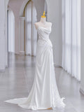 Niulatu Sheath Strapless Sleeveless White Satin Wedding Dresses With Ruffles HZ1110