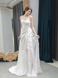 Niulatu Sheath Strapless Sleeveless White Satin Wedding Dresses With Ruffles HZ1110