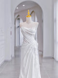 Niulatu Sheath Strapless Sleeveless White Satin Wedding Dresses With Ruffles HZ1110