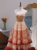 Niulatu Ball Gown Strapless Tulle Layers Long Pink Ruffles Prom Dresses Sweet 16 Dresses HZ1110