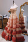 Niulatu Ball Gown Strapless Tulle Layers Long Pink Ruffles Prom Dresses Sweet 16 Dresses HZ1110