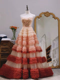 Niulatu Ball Gown Strapless Tulle Layers Long Pink Ruffles Prom Dresses Sweet 16 Dresses HZ1110