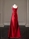 Niulatu A-line Square Neckline Satin Red Long Evening Dress Prom Dress HZ1110