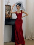 Niulatu A-line Square Neckline Satin Red Long Evening Dress Prom Dress HZ1110