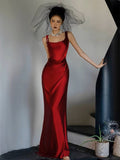 Niulatu A-line Square Neckline Satin Red Long Evening Dress Prom Dress HZ1110