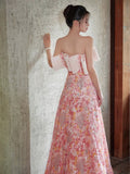 Niulatu Style A-line Off Shoulder Strapless Pink Long Evening Dress Prom Dress HZ1110