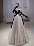 Niulatu Ball Gown Strapless Tulle Layers Long Champagne Ruffles Prom Dresses Sweet 16 Dresses With Gloves HZ1110