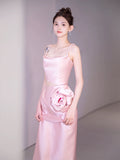 Niulatu A-line Spaghetti Straps Satin Pink Long Evening Dress Prom Dress HZ1110
