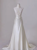 Niulatu A line High Neckline Sleeveless White Satin Wedding Dresses With Ruffles HZ1110