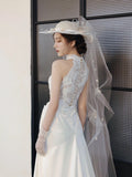 Niulatu A line High Neckline Sleeveless White Satin Wedding Dresses With Ruffles HZ1110