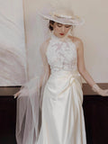 Niulatu A line High Neckline Sleeveless White Satin Wedding Dresses With Ruffles HZ1110