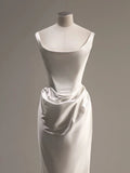 Niulatu Sheath Square Neckline Sleeveless White Satin Wedding Dresses With Ruffles HZ1110