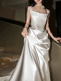Niulatu Sheath Square Neckline Sleeveless White Satin Wedding Dresses With Ruffles HZ1110