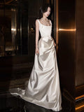 Niulatu Sheath Square Neckline Sleeveless White Satin Wedding Dresses With Ruffles HZ1110