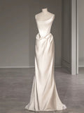 Niulatu Sheath Square Neckline Sleeveless White Satin Wedding Dresses With Ruffles HZ1110