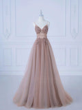 Niulatu A-Line Spaghetti Straps Tulle Long Prom Dress Evening Dress HZ1110
