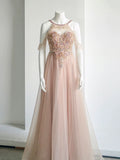 Niulatu A-Line Jewel Neckline Tulle Long Prom Dress Evening Dress HZ1110