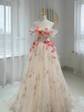 Niulatu A-Line Off The Shoulder Flowers Tulle Long Prom Dress Evening Dress HZ1110