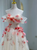 Niulatu A-Line Off The Shoulder Flowers Tulle Long Prom Dress Evening Dress HZ1110