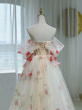 Niulatu A-Line Off The Shoulder Flowers Tulle Long Prom Dress Evening Dress HZ1110