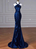 Niulatu Mermaid High Neckline Navy Blue Satin Evening Dress Long Prom Dresses Party Dress With Ruffles HZ1110