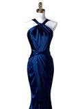 Niulatu Mermaid High Neckline Navy Blue Satin Evening Dress Long Prom Dresses Party Dress With Ruffles HZ1110
