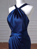 Niulatu Mermaid High Neckline Navy Blue Satin Evening Dress Long Prom Dresses Party Dress With Ruffles HZ1110