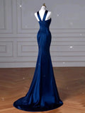Niulatu Mermaid High Neckline Navy Blue Satin Evening Dress Long Prom Dresses Party Dress With Ruffles HZ1110