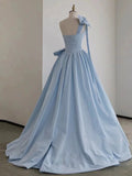 Niulatu Ball Gown One Shoulder Light Sky Blue Satin Flowers Long Prom Dress Evening Dress HZ1110