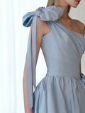 Niulatu Ball Gown One Shoulder Light Sky Blue Satin Flowers Long Prom Dress Evening Dress HZ1110