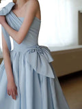 Niulatu Ball Gown One Shoulder Light Sky Blue Satin Flowers Long Prom Dress Evening Dress HZ1110
