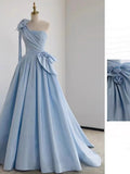 Niulatu Ball Gown One Shoulder Light Sky Blue Satin Flowers Long Prom Dress Evening Dress HZ1110