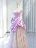 Niulatu A line Off The Shoulder Pink Satin Ruffles Long Prom Dress Evening Dress HZ1110