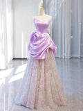 Niulatu A line Off The Shoulder Pink Satin Ruffles Long Prom Dress Evening Dress HZ1110