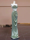 Niulatu Mermaid Strapless Green Satin Evening Dress Long Prom Dresses Party Dress With Ruffles HZ1110