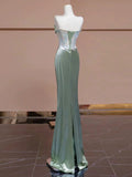 Niulatu Mermaid Strapless Green Satin Evening Dress Long Prom Dresses Party Dress With Ruffles HZ1110