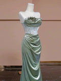 Niulatu Mermaid Strapless Green Satin Evening Dress Long Prom Dresses Party Dress With Ruffles HZ1110