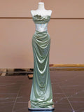 Niulatu Mermaid Strapless Green Satin Evening Dress Long Prom Dresses Party Dress With Ruffles HZ1110