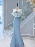 Niulatu Mermaid One Shoulder Light Sky Blue Satin Bow Long Prom Dress Evening Dress HZ1110