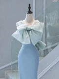 Niulatu Mermaid One Shoulder Light Sky Blue Satin Bow Long Prom Dress Evening Dress HZ1110