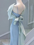 Niulatu Mermaid One Shoulder Light Sky Blue Satin Bow Long Prom Dress Evening Dress HZ1110
