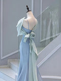 Niulatu Mermaid One Shoulder Light Sky Blue Satin Bow Long Prom Dress Evening Dress HZ1110