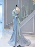 Niulatu Mermaid One Shoulder Light Sky Blue Satin Bow Long Prom Dress Evening Dress HZ1110