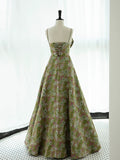 Niulatu A line Spaghetti Straps Green Satin Floral Ruffles Long Prom Dress Evening Dress HZ1110