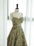 Niulatu A line Spaghetti Straps Green Satin Floral Ruffles Long Prom Dress Evening Dress HZ1110
