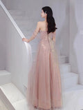 Niulatu A Line Spaghetti Straps Pink Sequin Long Prom Dress Evening Dresses HZ1110