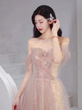 Niulatu A Line Spaghetti Straps Pink Sequin Long Prom Dress Evening Dresses HZ1110